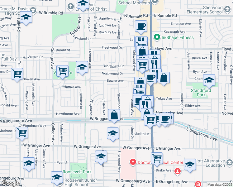 map of restaurants, bars, coffee shops, grocery stores, and more near 2013 Sherwood Avenue in Modesto