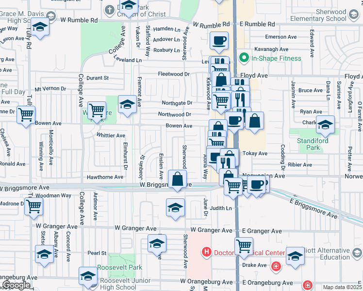 map of restaurants, bars, coffee shops, grocery stores, and more near 2013 Sherwood Avenue in Modesto