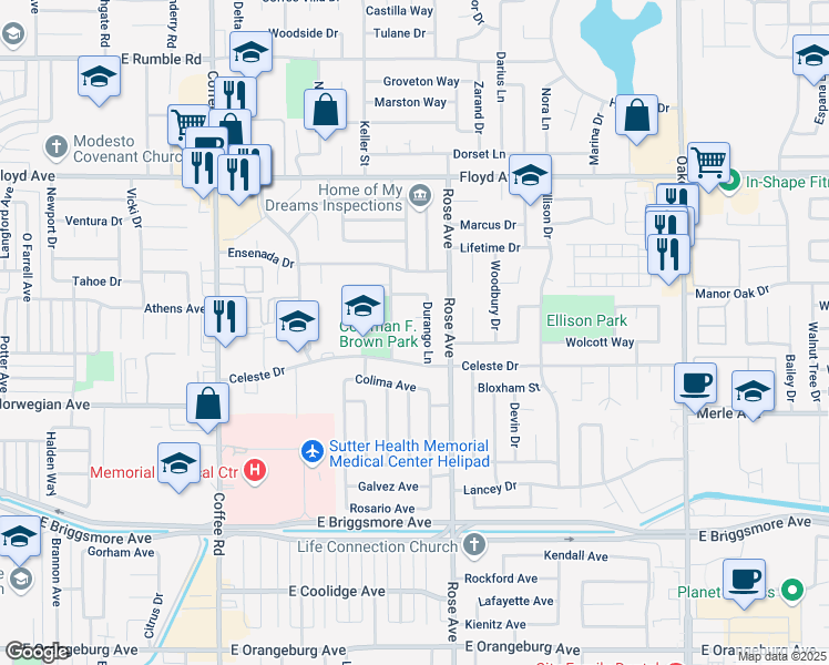 map of restaurants, bars, coffee shops, grocery stores, and more near 2104 Durango Lane in Modesto