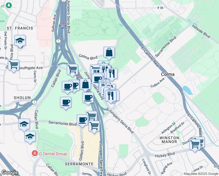 map of restaurants, bars, coffee shops, grocery stores, and more near 5001 Junipero Serra Boulevard in Colma