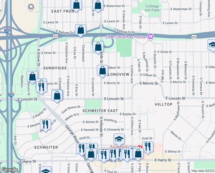 map of restaurants, bars, coffee shops, grocery stores, and more near 815 South Holyoke Street in Wichita