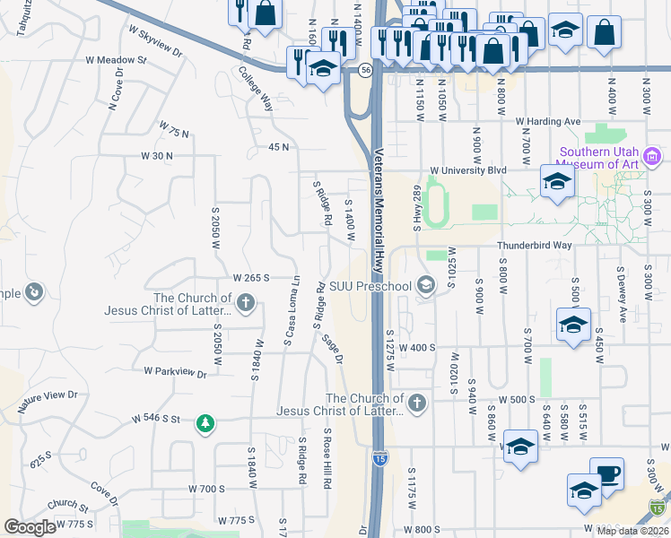 map of restaurants, bars, coffee shops, grocery stores, and more near 201 South Ridge Road in Cedar City