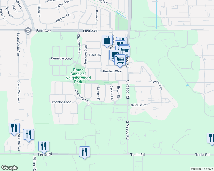 map of restaurants, bars, coffee shops, grocery stores, and more near 2410 Robbinson Circle in Livermore