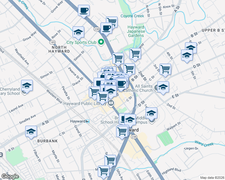map of restaurants, bars, coffee shops, grocery stores, and more near 22531 Main Street in Hayward