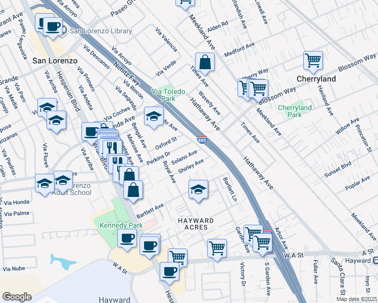 map of restaurants, bars, coffee shops, grocery stores, and more near 19502 Ricardo Avenue in Hayward