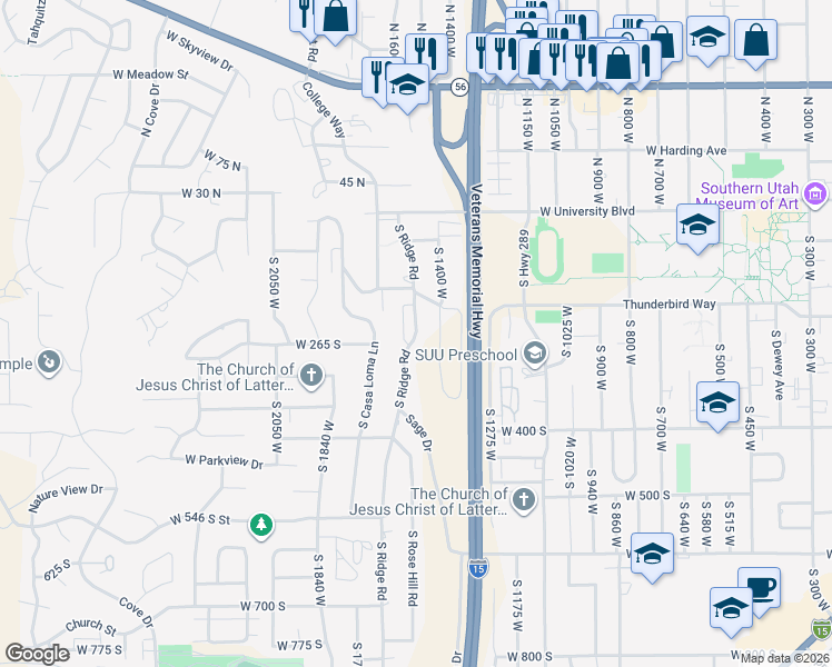 map of restaurants, bars, coffee shops, grocery stores, and more near 201 South Ridge Road in Cedar City