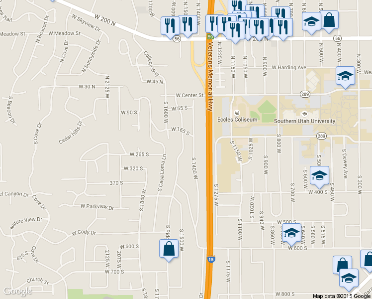 map of restaurants, bars, coffee shops, grocery stores, and more near 237 South Ridge Road in Cedar City