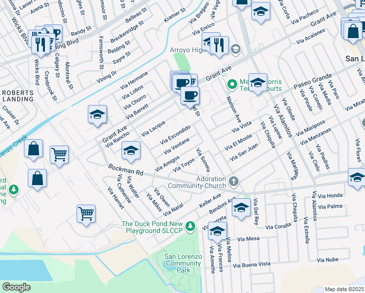 map of restaurants, bars, coffee shops, grocery stores, and more near 1632 Via Ventana in San Lorenzo