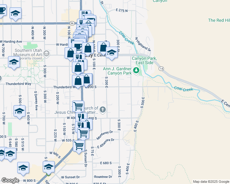map of restaurants, bars, coffee shops, grocery stores, and more near 186 South 300 East in Cedar City
