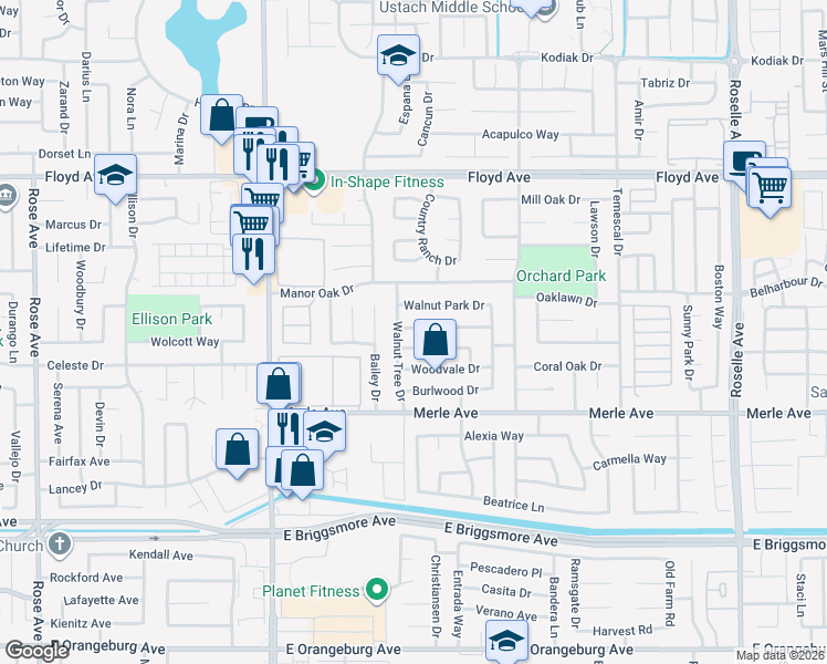 map of restaurants, bars, coffee shops, grocery stores, and more near 2400 Walnut Park Drive in Modesto