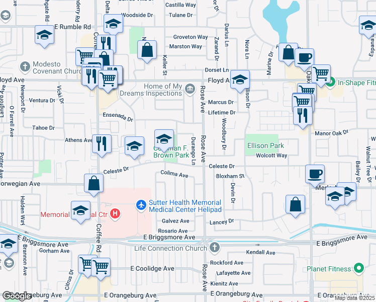 map of restaurants, bars, coffee shops, grocery stores, and more near 2104 Durango Lane in Modesto