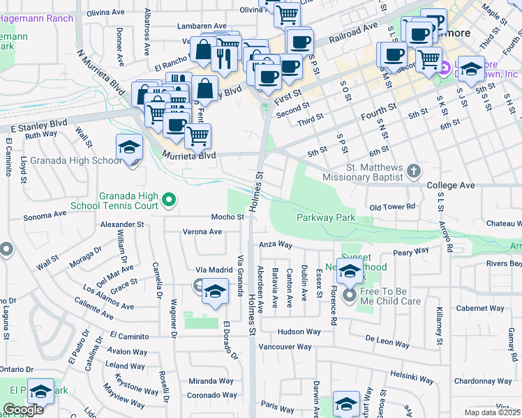 map of restaurants, bars, coffee shops, grocery stores, and more near 751 Holmes Street in Livermore
