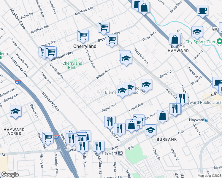 map of restaurants, bars, coffee shops, grocery stores, and more near 21842 Princeton Street in Hayward