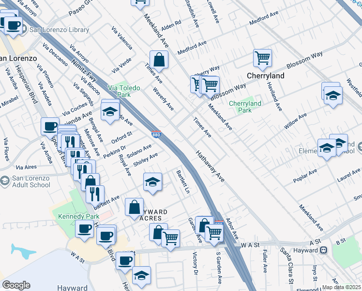 map of restaurants, bars, coffee shops, grocery stores, and more near 20183 Hathaway Avenue in Hayward