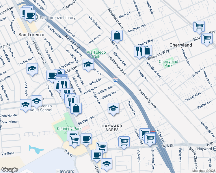map of restaurants, bars, coffee shops, grocery stores, and more near 19502 Ricardo Avenue in Hayward