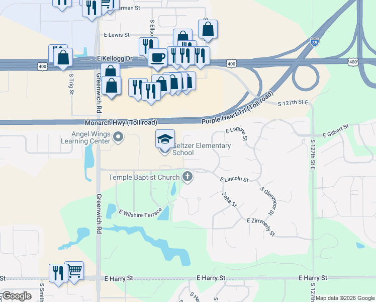 map of restaurants, bars, coffee shops, grocery stores, and more near 720 South Bedford Circle in Wichita