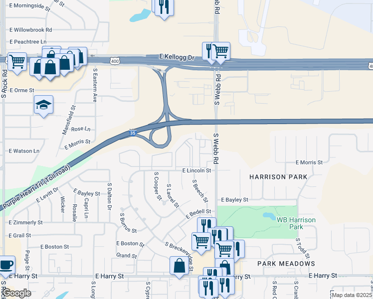 map of restaurants, bars, coffee shops, grocery stores, and more near 9400 East Lincoln Street in Wichita