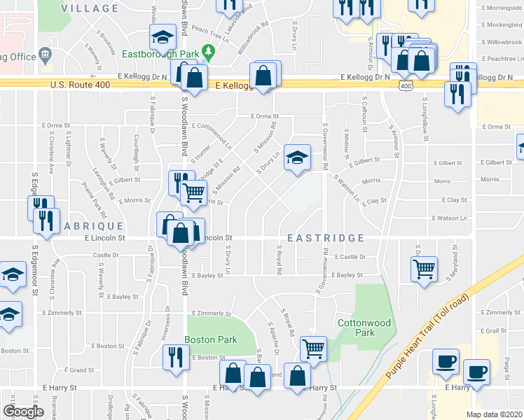 map of restaurants, bars, coffee shops, grocery stores, and more near 7001 East Cottonwood Lane in Wichita