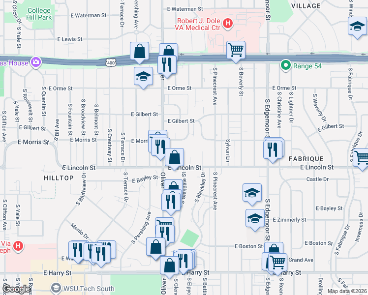 map of restaurants, bars, coffee shops, grocery stores, and more near 4919 East Morris Street in Wichita
