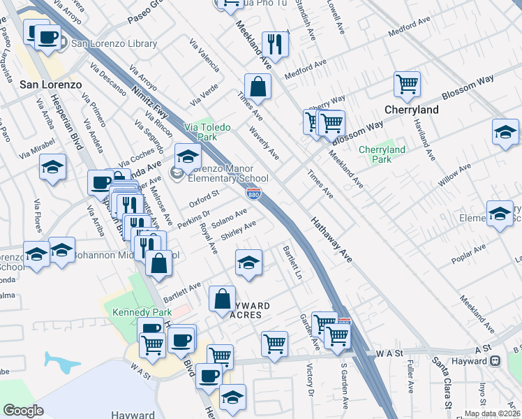 map of restaurants, bars, coffee shops, grocery stores, and more near 227 Bunny Court in Hayward