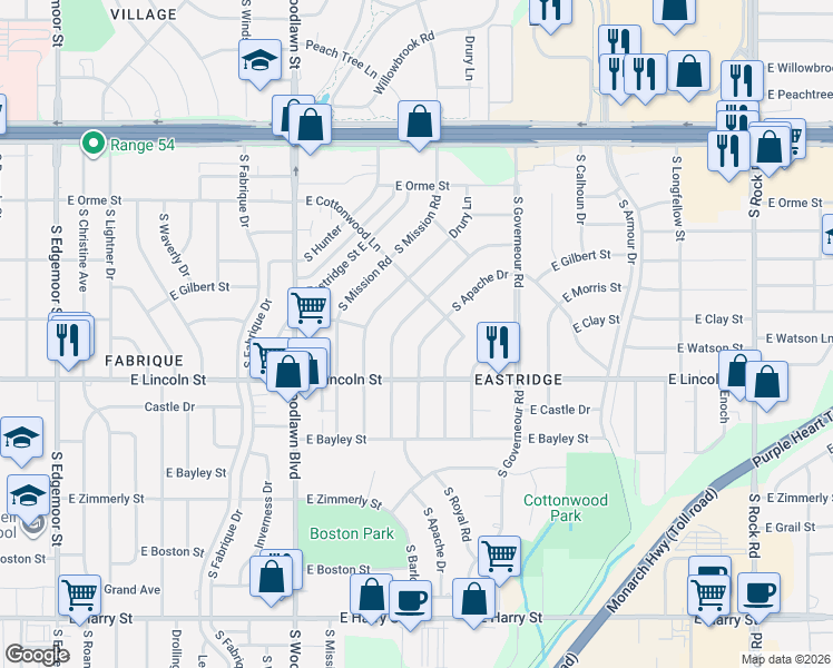 map of restaurants, bars, coffee shops, grocery stores, and more near 7001 East Cottonwood Lane in Wichita