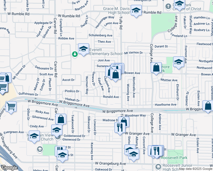 map of restaurants, bars, coffee shops, grocery stores, and more near 2023 Tully Road in Modesto