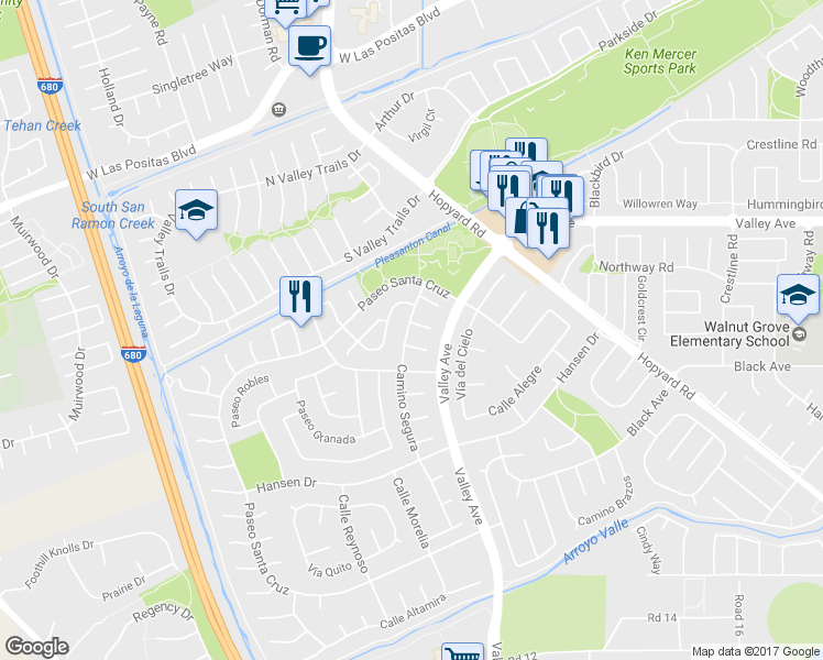 map of restaurants, bars, coffee shops, grocery stores, and more near 5988 Corte Cerritos in Pleasanton