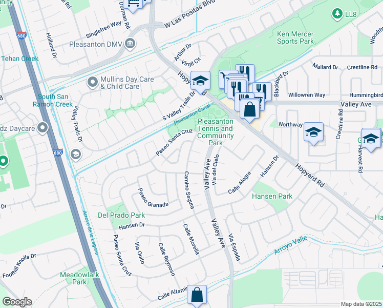 map of restaurants, bars, coffee shops, grocery stores, and more near 5988 Corte Cerritos in Pleasanton