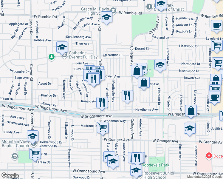 map of restaurants, bars, coffee shops, grocery stores, and more near 2017 Monticello Avenue in Modesto