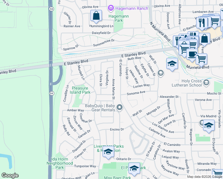map of restaurants, bars, coffee shops, grocery stores, and more near 343 Anna Maria Street in Livermore