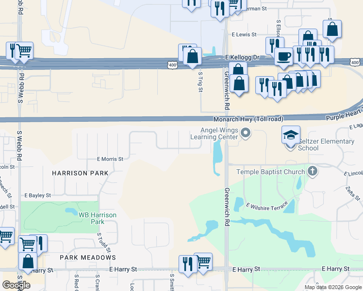 map of restaurants, bars, coffee shops, grocery stores, and more near 736 South Smithmoor Circle in Wichita
