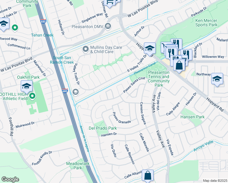 map of restaurants, bars, coffee shops, grocery stores, and more near 6742 Paseo San Leon in Pleasanton