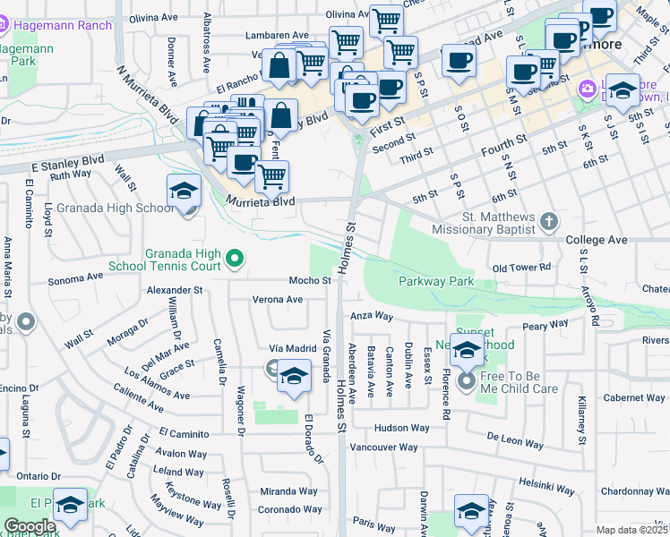 map of restaurants, bars, coffee shops, grocery stores, and more near 751 Holmes Street in Livermore