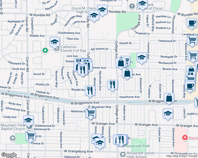 map of restaurants, bars, coffee shops, grocery stores, and more near 2017 Monticello Avenue in Modesto