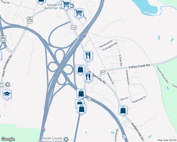map of restaurants, bars, coffee shops, grocery stores, and more near Kentucky 61 in Elizabethtown