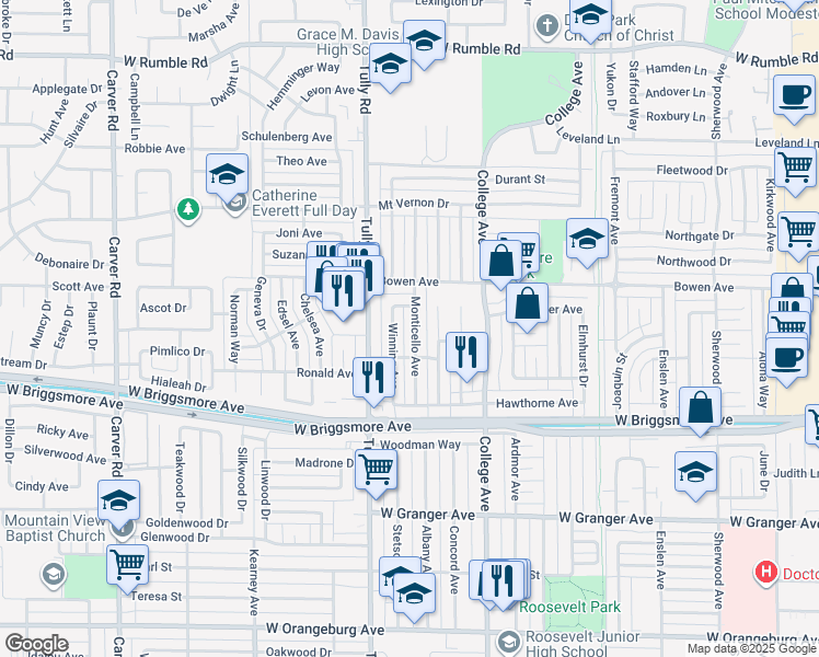 map of restaurants, bars, coffee shops, grocery stores, and more near 2017 Monticello Avenue in Modesto