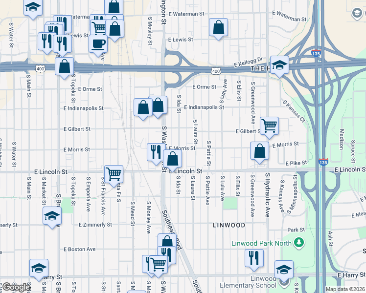 map of restaurants, bars, coffee shops, grocery stores, and more near 1020 South Ida Street in Wichita