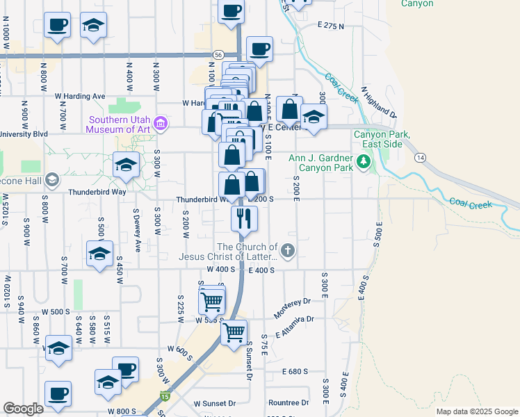 map of restaurants, bars, coffee shops, grocery stores, and more near 195 South Main Street in Cedar City