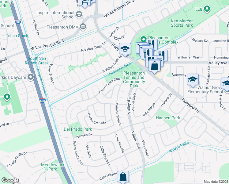 map of restaurants, bars, coffee shops, grocery stores, and more near 7813 Paseo Santa Cruz in Pleasanton
