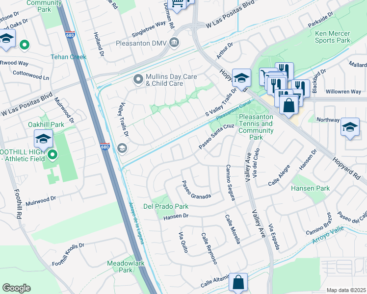 map of restaurants, bars, coffee shops, grocery stores, and more near 6742 Paseo San Leon in Pleasanton