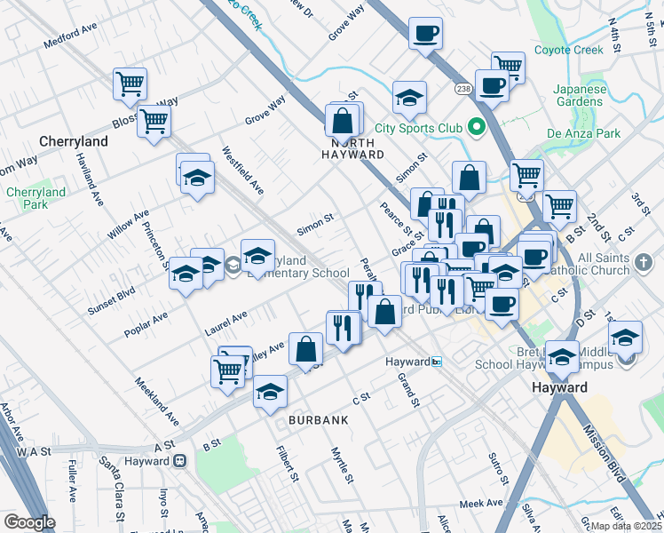 map of restaurants, bars, coffee shops, grocery stores, and more near 22174 Western Boulevard in Hayward