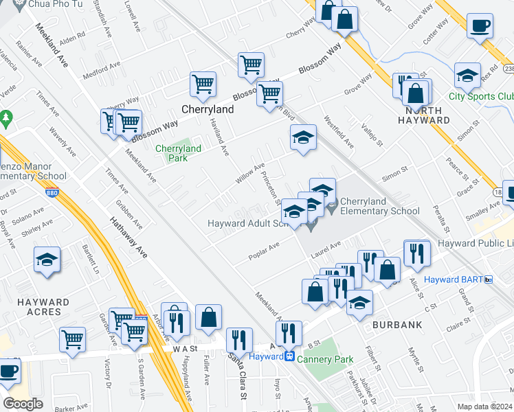 map of restaurants, bars, coffee shops, grocery stores, and more near in Hayward