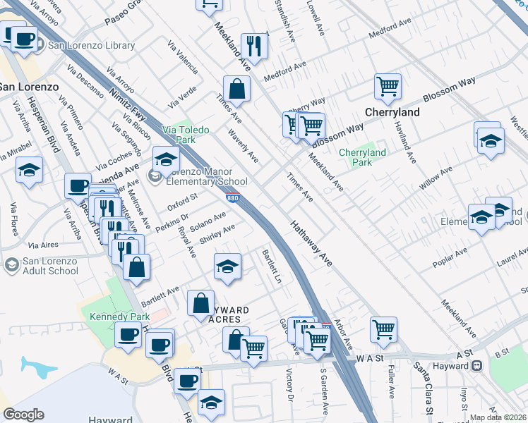 map of restaurants, bars, coffee shops, grocery stores, and more near 20183 Hathaway Avenue in Hayward