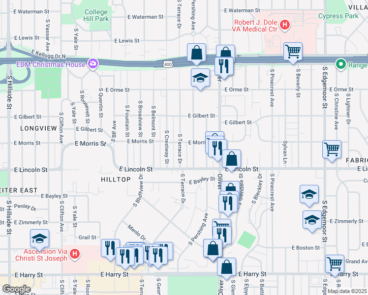 map of restaurants, bars, coffee shops, grocery stores, and more near 745 South Terrace Drive in Wichita