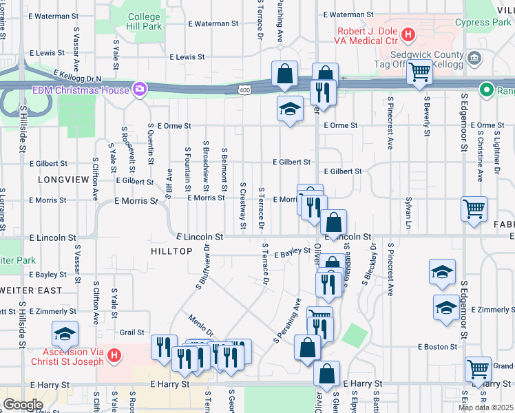 map of restaurants, bars, coffee shops, grocery stores, and more near 745 South Terrace Drive in Wichita