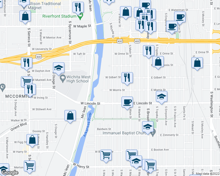 map of restaurants, bars, coffee shops, grocery stores, and more near 1021 South Wichita Street in Wichita