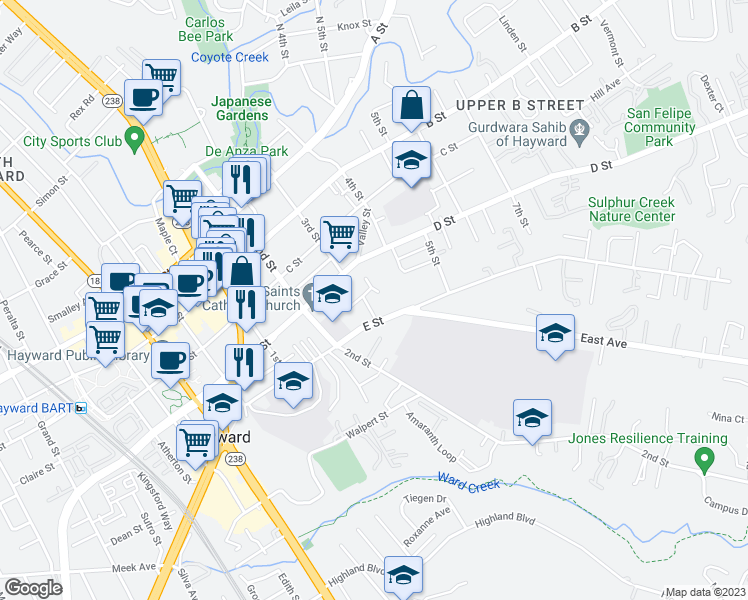 map of restaurants, bars, coffee shops, grocery stores, and more near 1321 Terrace Avenue in Hayward