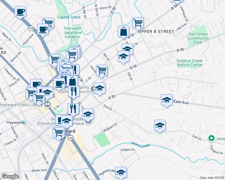 map of restaurants, bars, coffee shops, grocery stores, and more near 1328 Terrace Avenue in Hayward