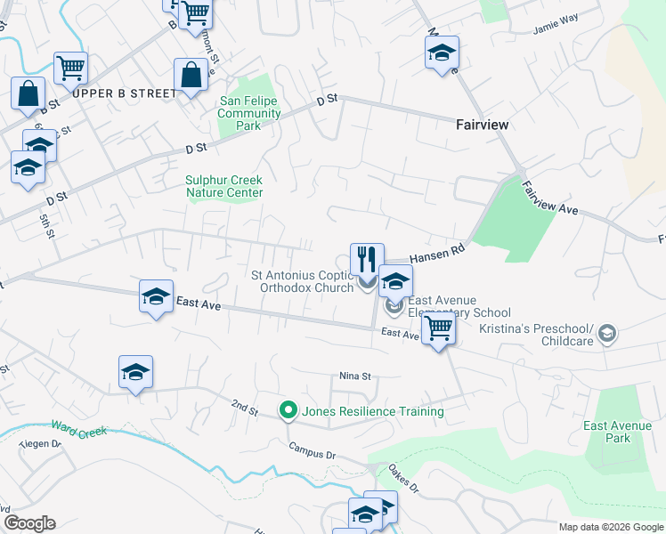 map of restaurants, bars, coffee shops, grocery stores, and more near 2067 Oak Creek Place in Hayward