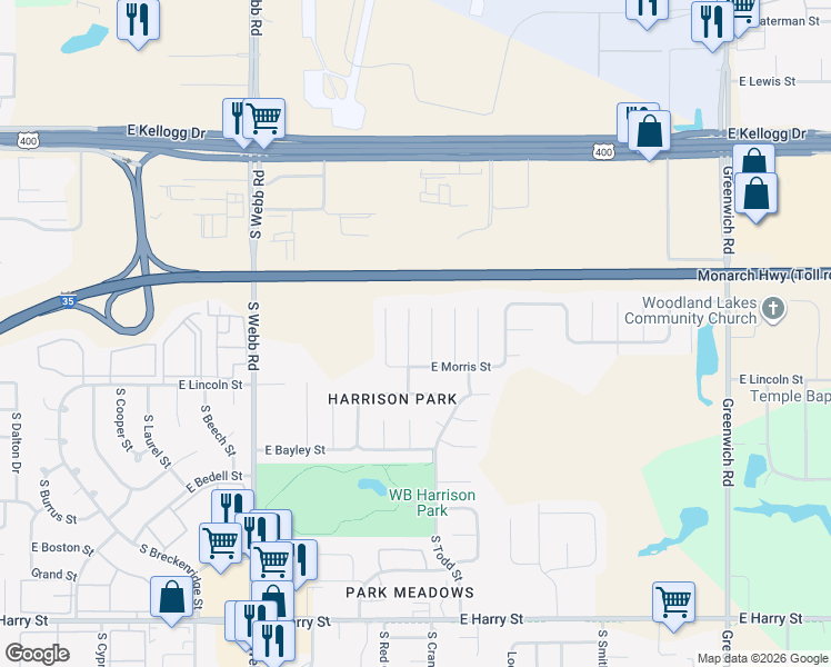 map of restaurants, bars, coffee shops, grocery stores, and more near 709 South Cranbrook Circle in Wichita